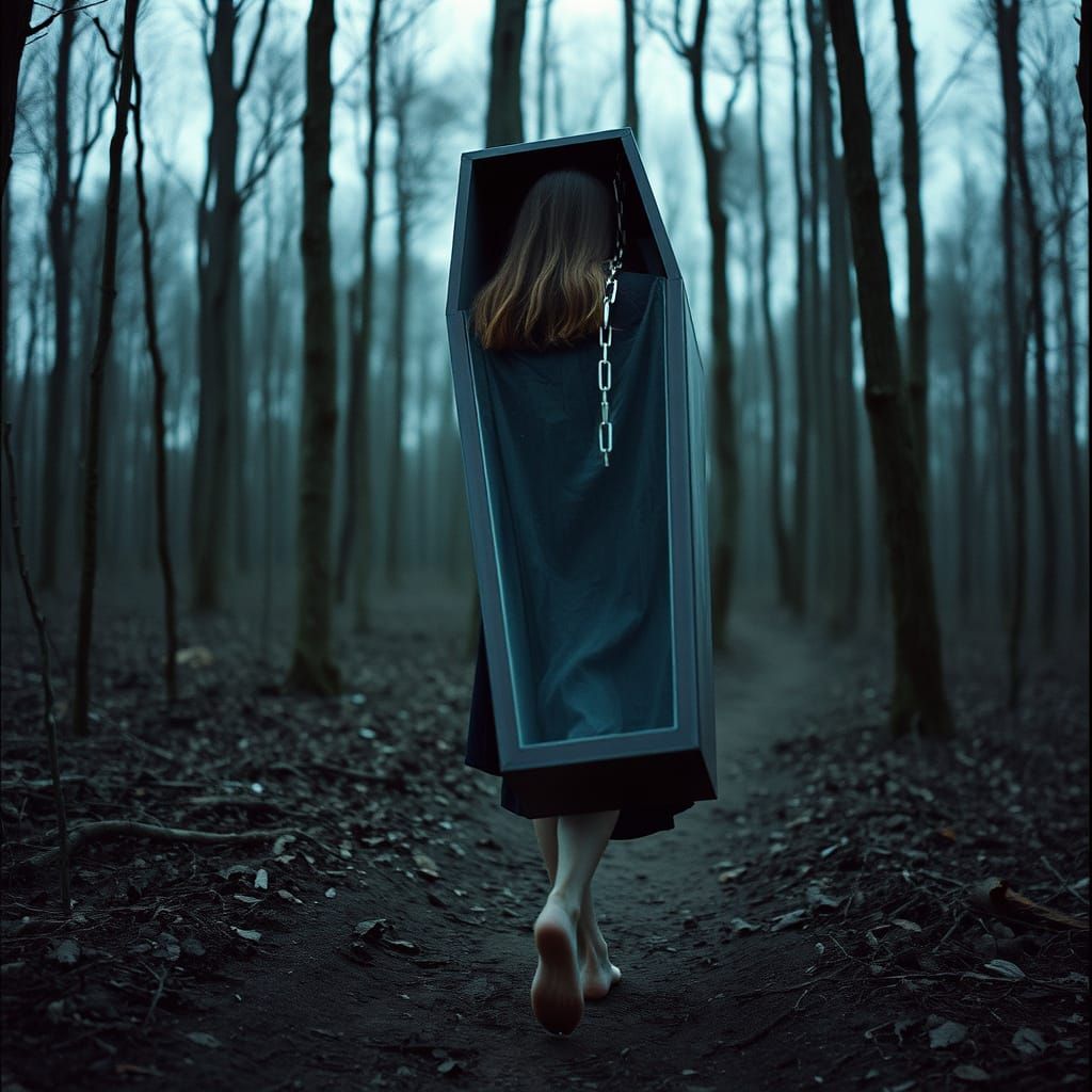Girl Drags Coffin Through Dead Forest in Cinematic Film Stil...