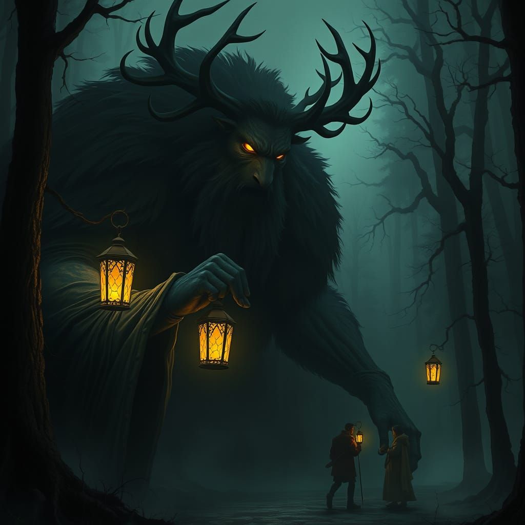 Antlered Giant Lights Lanterns in Misty Forest: Art Nouveau