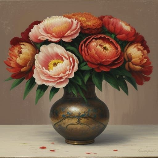Impasto Oil Painting of Red Peonies in Vase