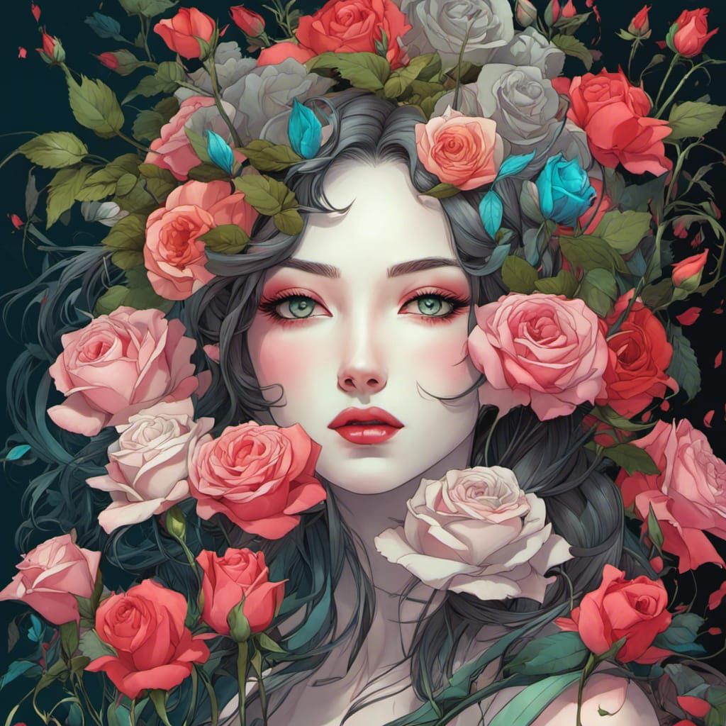 Anime Woman Surrounded by Roses in Charcoal Style