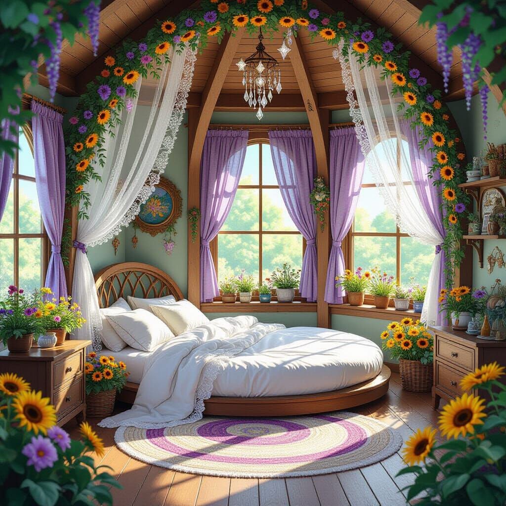 Studio Ghibli Bedroom with Lace Bed and Flowers