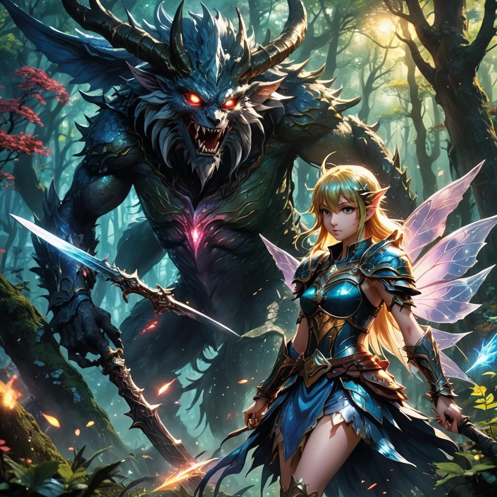 Fairy Warrior Versus Monster in Anime Style