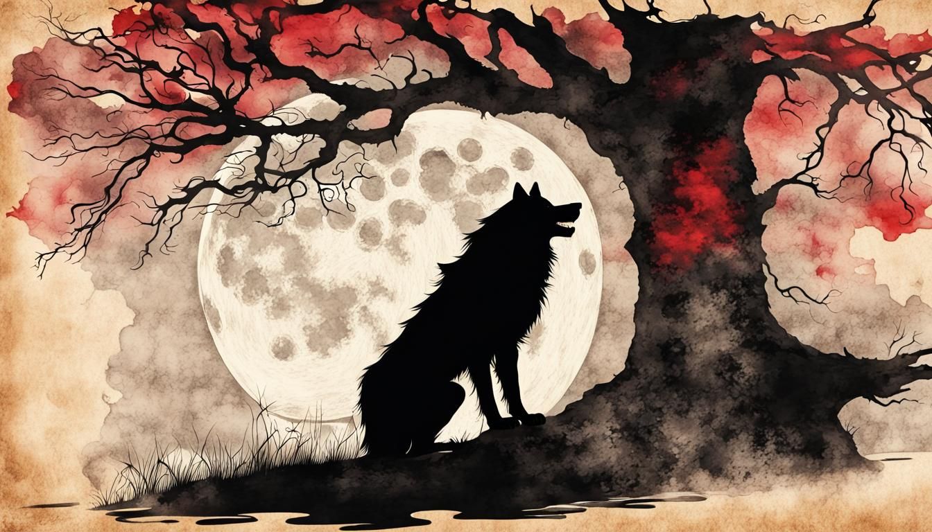 Werewolf Howling Silhouette in Steampunk Ink Painting
