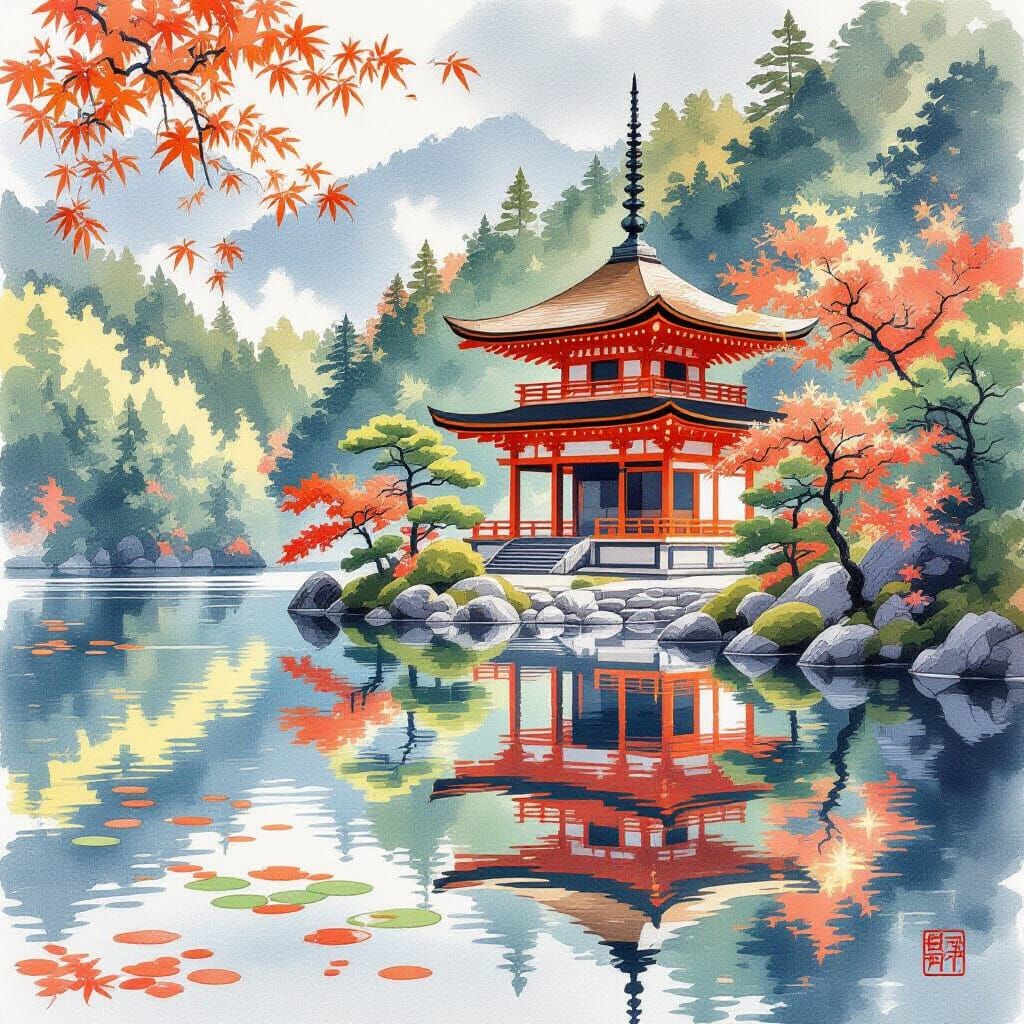 Shinto Temple Reflected in Lake: Watercolour Style