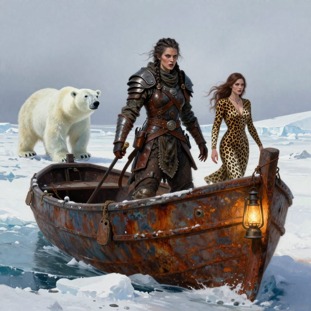 Female Warrior Anchors Boat at South Pole with Polar Bear
