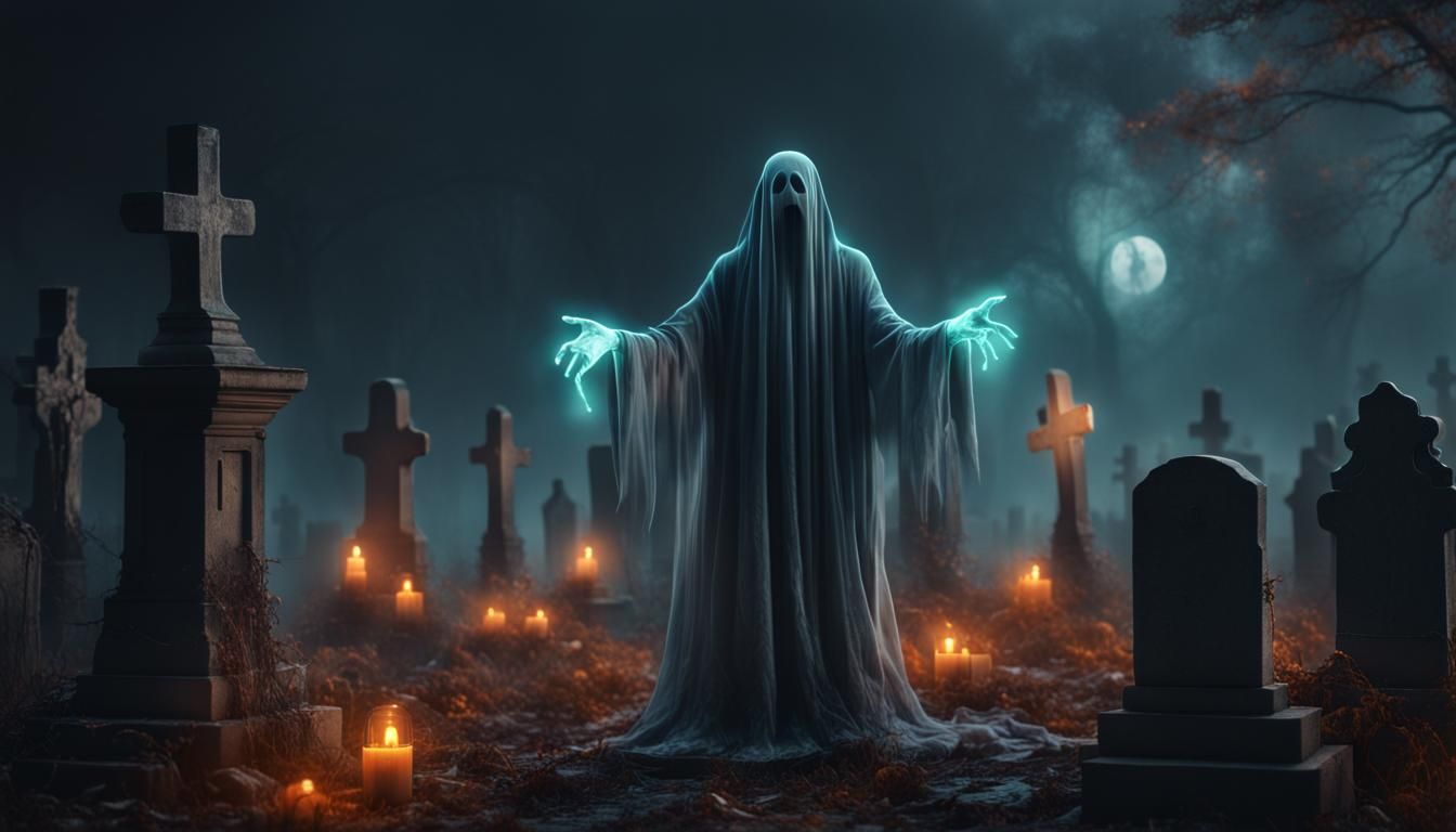 Ethereal Ghostly Figure in Graveyard, Digital Art