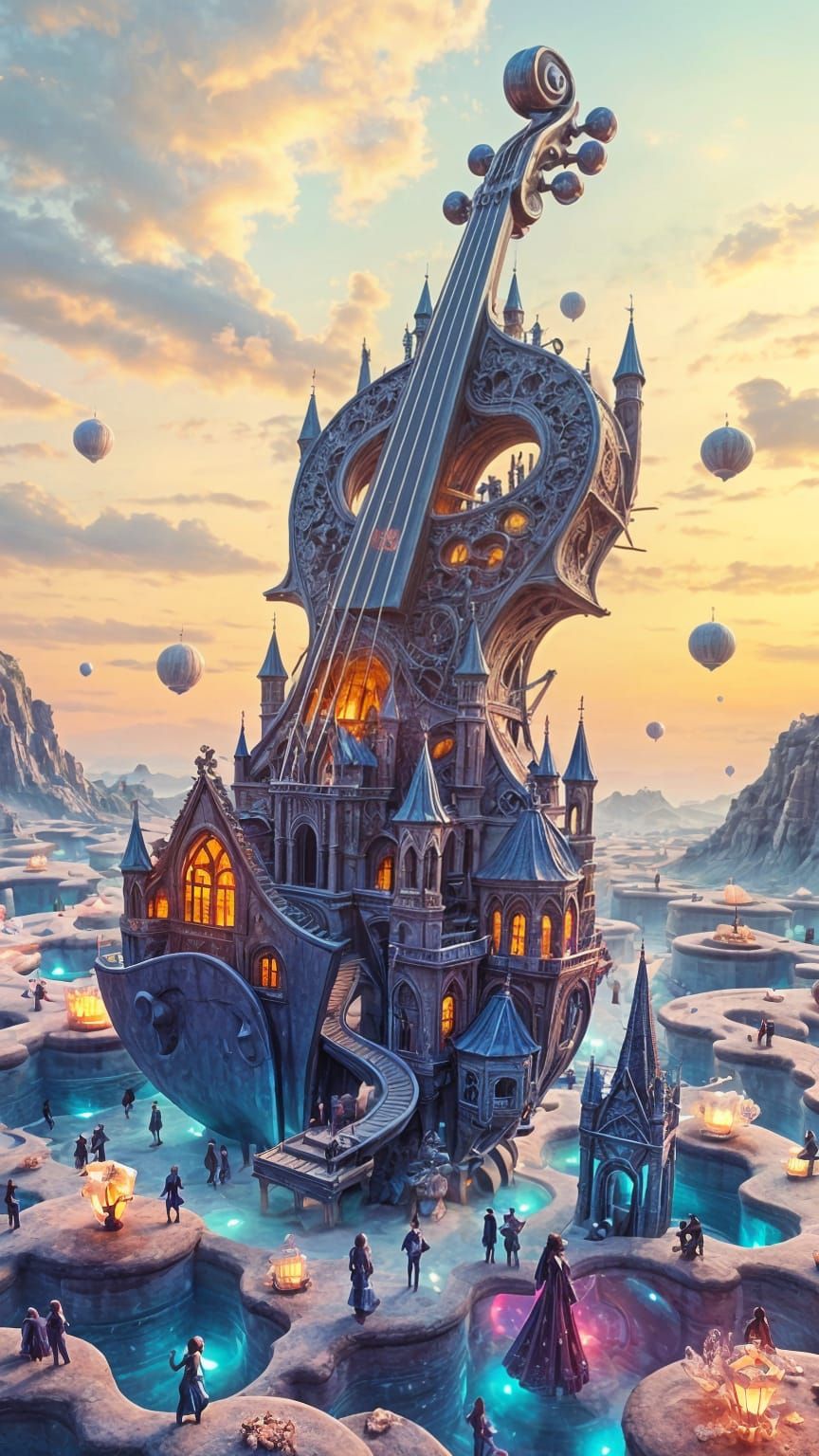 Surreal Hyperrealistic Landscape Featuring a Towering Violin...