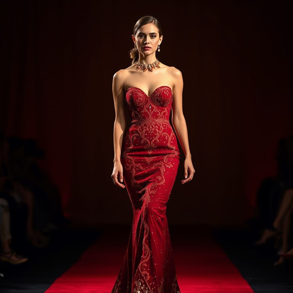 Confident Red Gown Model Struts High Fashion Runway