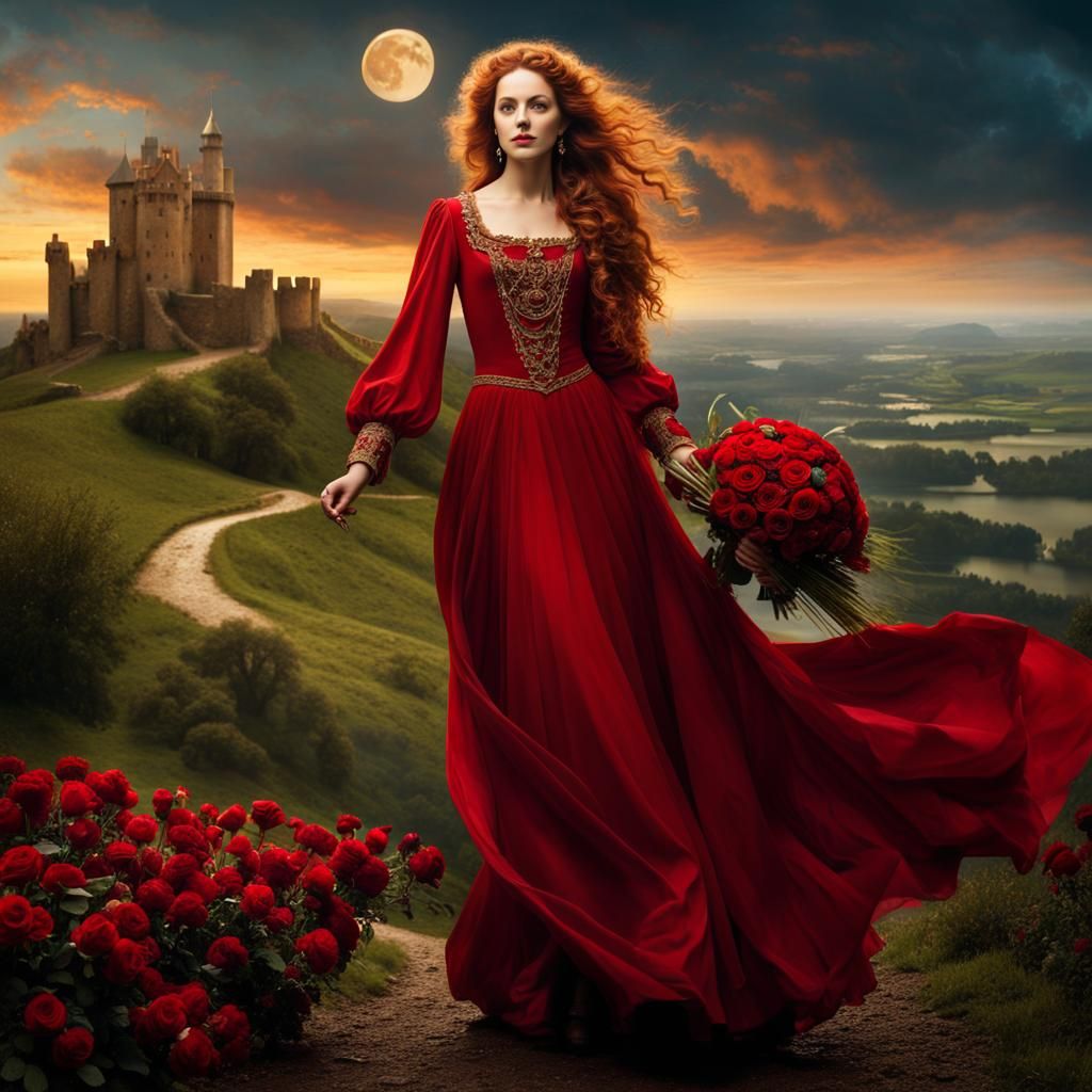 Woman with Red Hair in Rembrandt and Waterhouse Style