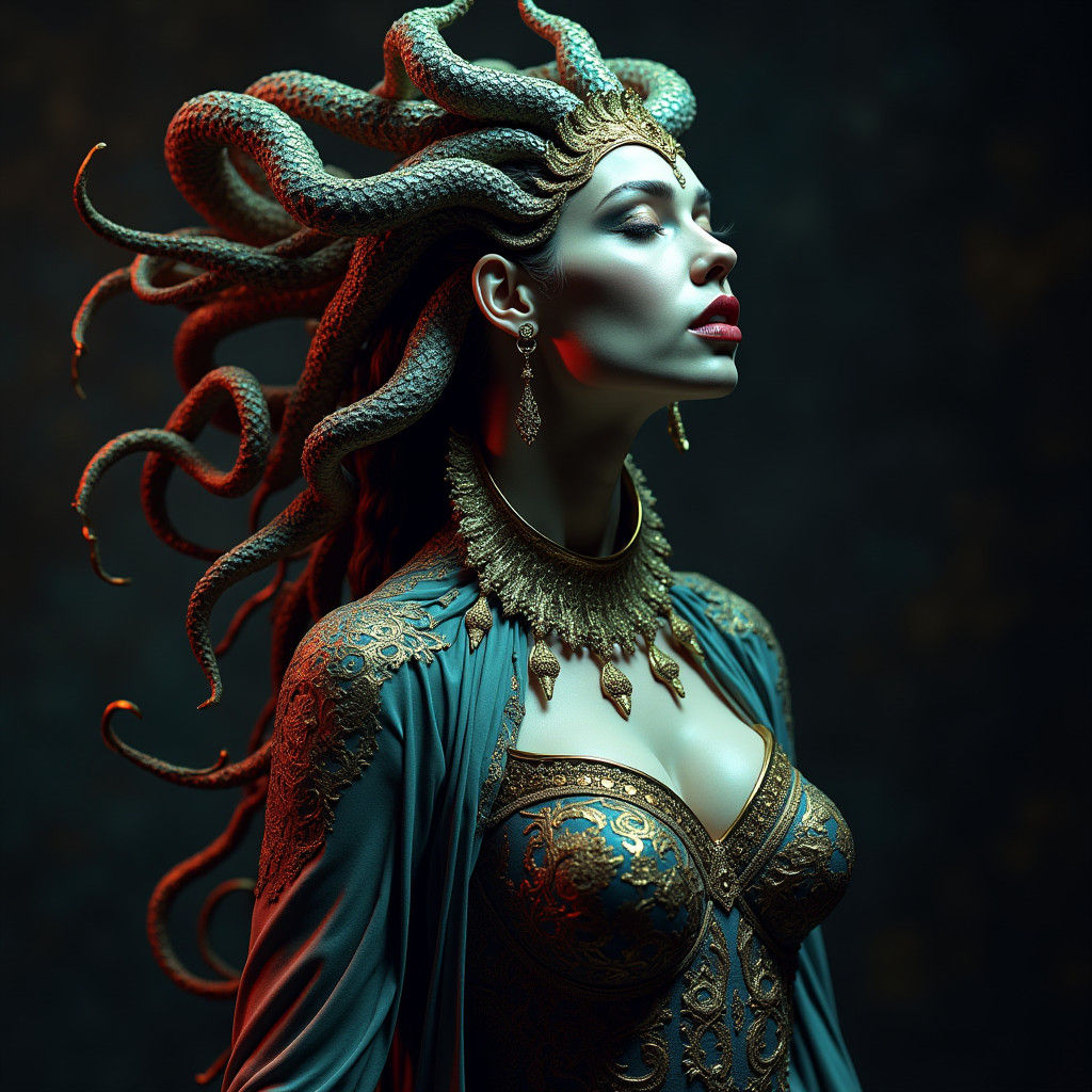 Medusa Bas Relief Sculpture in Biomechanical Art Nouveau Sty...