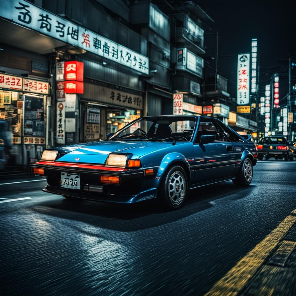 1985 Toyota MR2 driving in nighttime in Japan