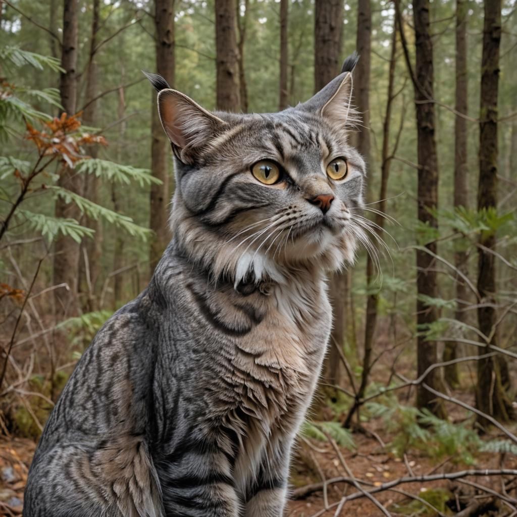 Striped Gray Cat with Hawk Feather in Forest