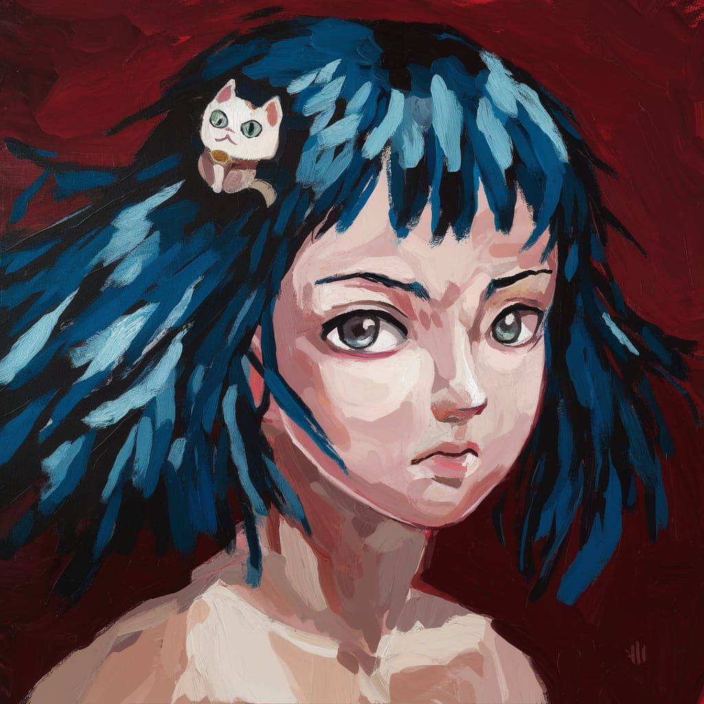 Anime Woman with Cat Barrette in Surrealist Style