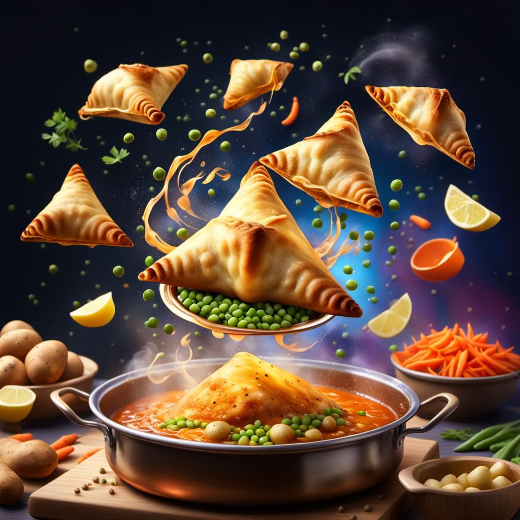 Golden-Brown Samosas Float in a Whimsical 3D Wonderland