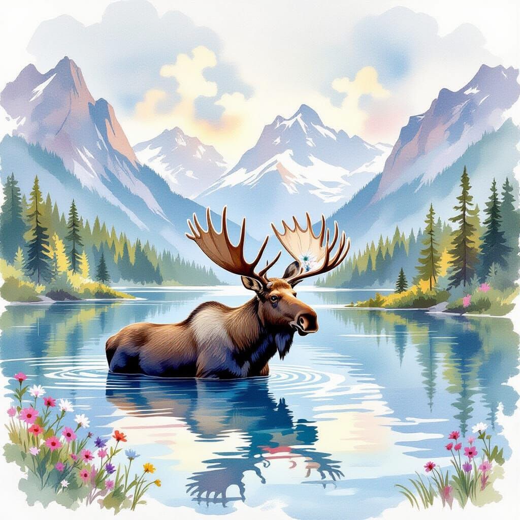 Majestic Moose in Watercolor Lake with Mountains