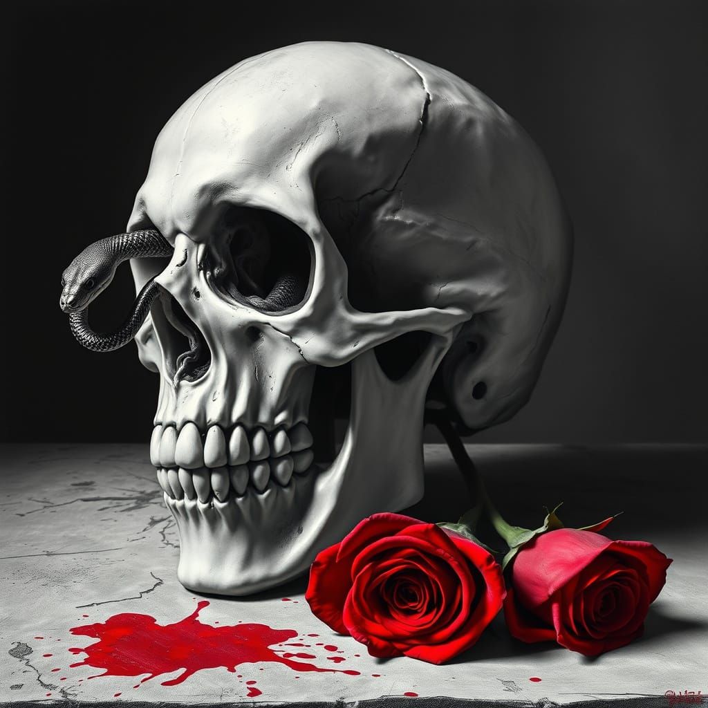 Surreal Skull with Snake and Roses in Dark Style