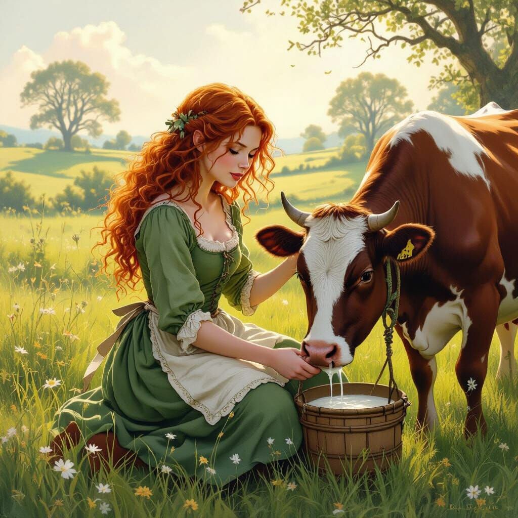 Hobbit Lass Milking Cow in Shire Meadow
