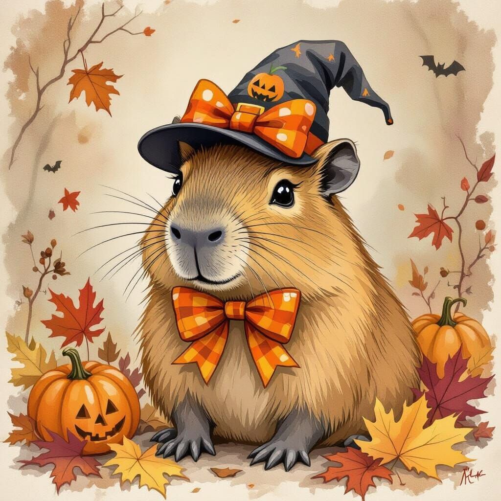 Whimsical Capybara in Preppy Halloween Cap