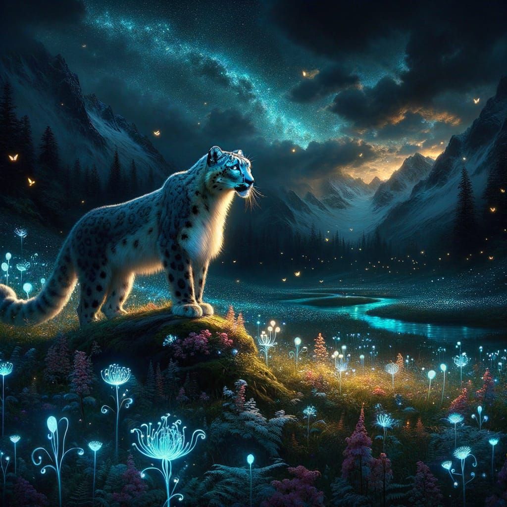 Snow Leopard in Bioluminescent Meadow at Night
