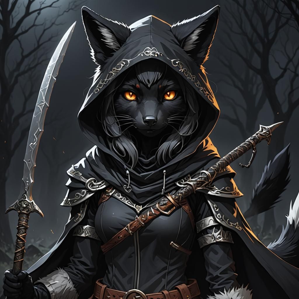 Anime Black Fox Girl with Scythe in Forest