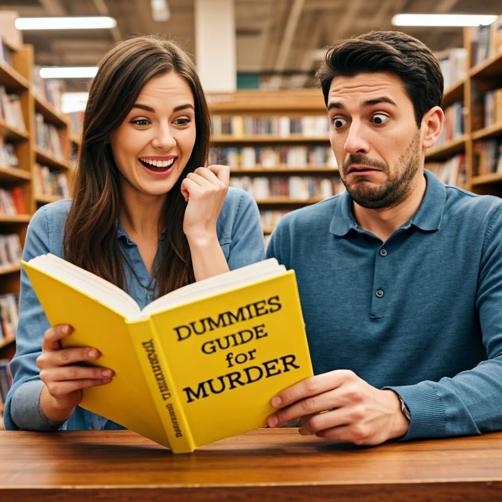 Wife getting some inspiration in the library, husband is now worried