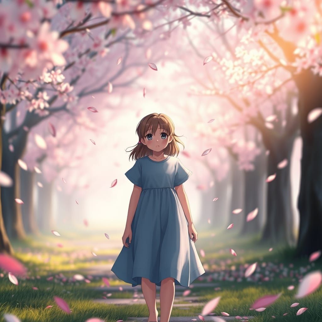 Melancholic Girl in Cherry Blossom Park 3D Anime Style