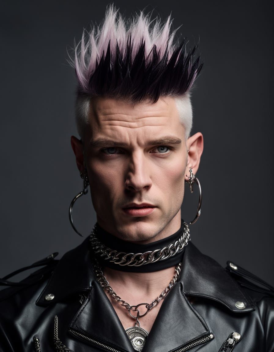 Punk Man Portrait with Red Accents and Leather Attire