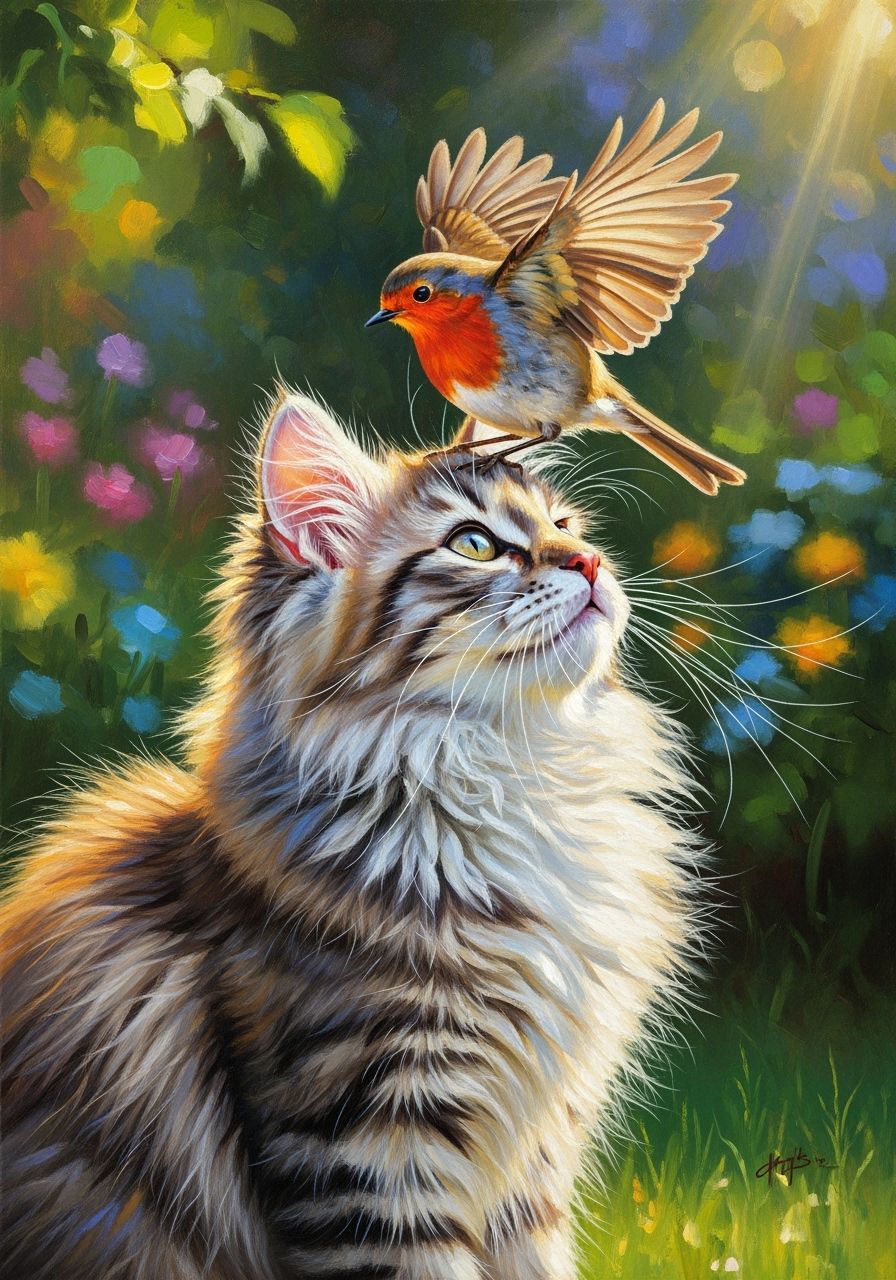 Fluffy Kitten and Robin in Garden Oil Painting