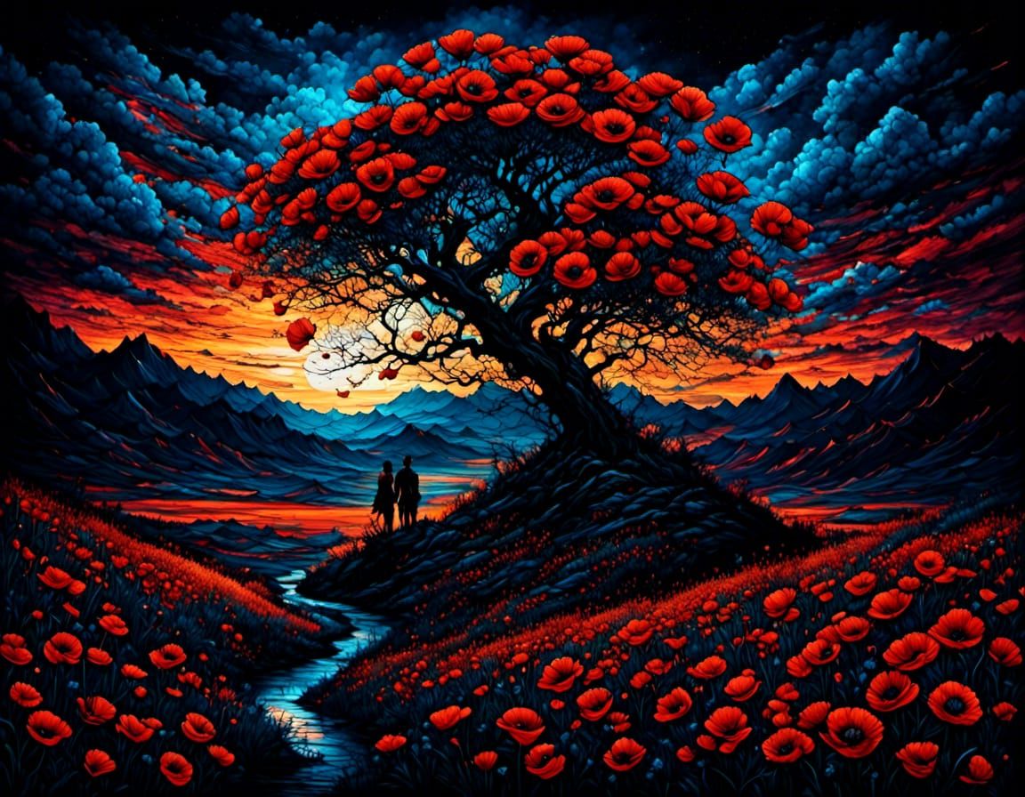 Poppies Bloom in Neon Dreams: Inky Watercolor Art