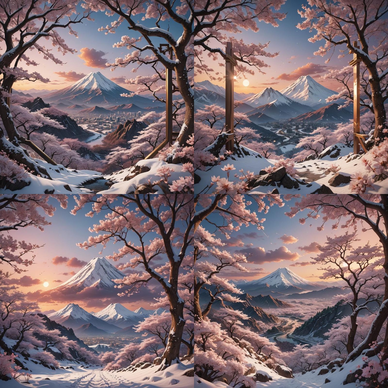 Sakura Mountain Sunset Framed: Matte Painting