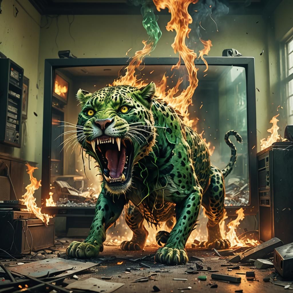 Flaming Zombie Leopard Emerging from TV
