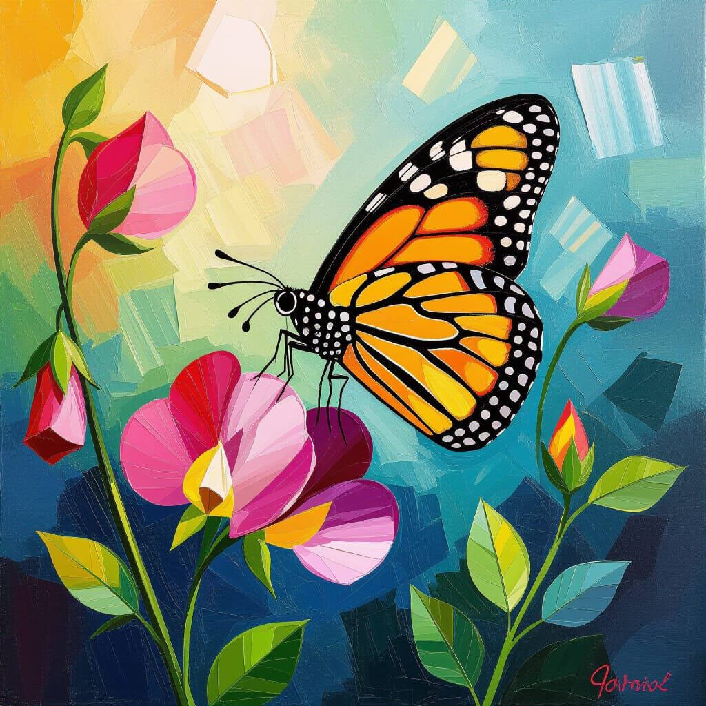 Butterfly on Sweet Pea Oil Painting in Neo-Impressionist Sty...