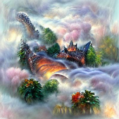 Dragon on Floating Castle in Ethereal Fantasy Landscape
