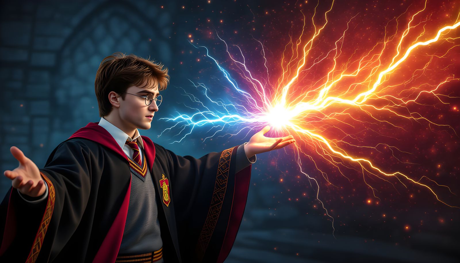 Harry Potter Casting a Spell with Lightning Beam