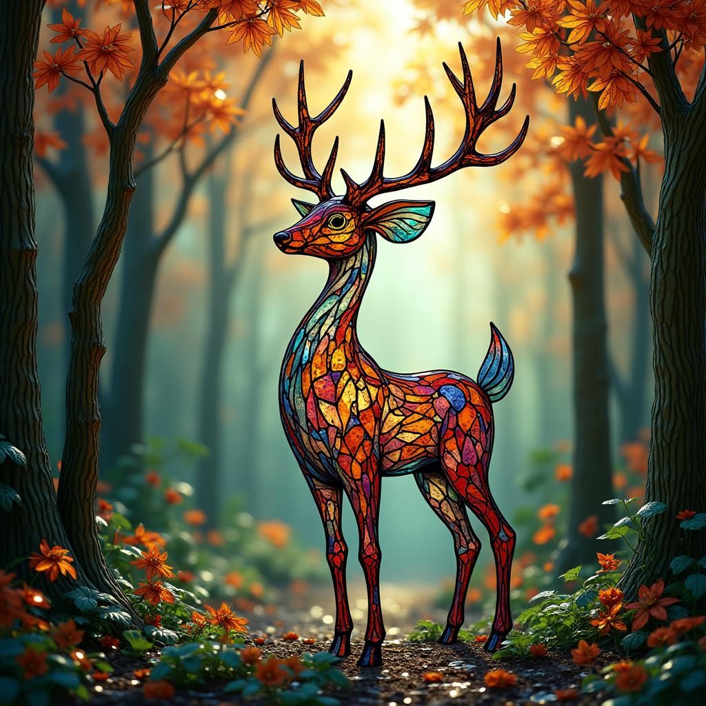 Enameled Glass Deer in Stained Glass Forest