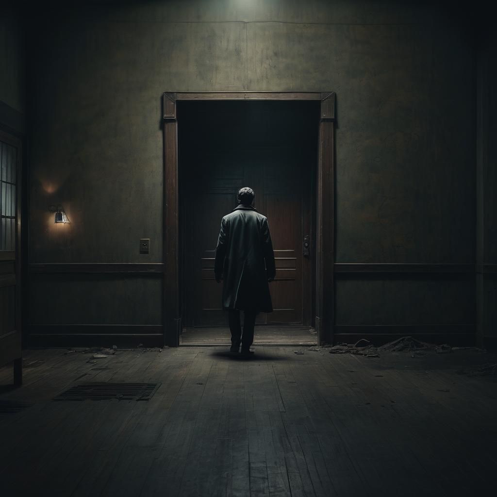 Man Approaches Mysterious Door in Dark Room Cinematography