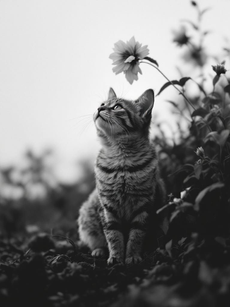 Adorable Cat in Garden with Flickering Light