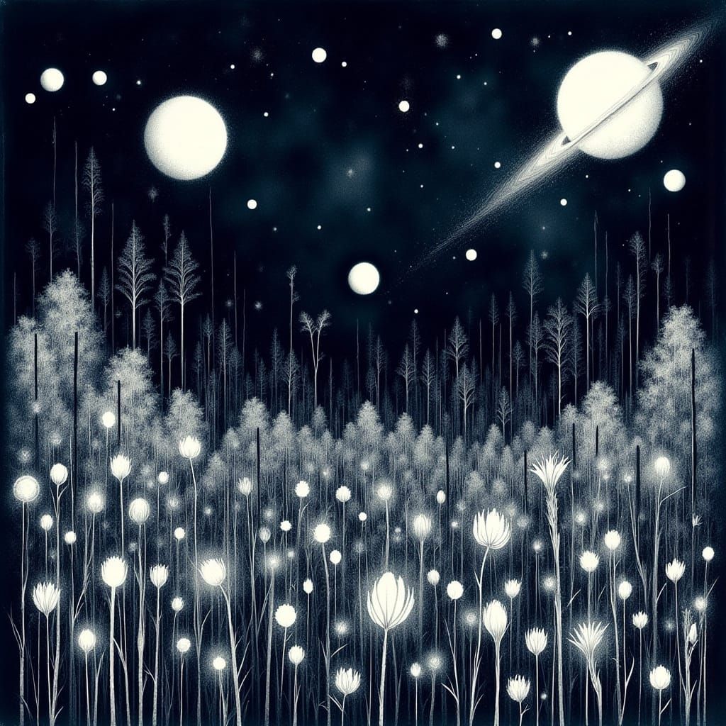 Ethereal Starry Garden with Celestial Chalk Drawings