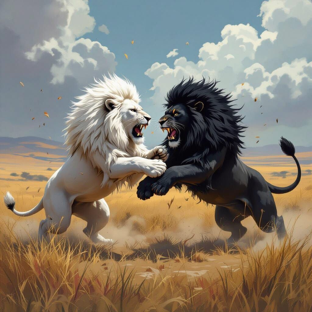 Black and White Lions Clash on the Savannah