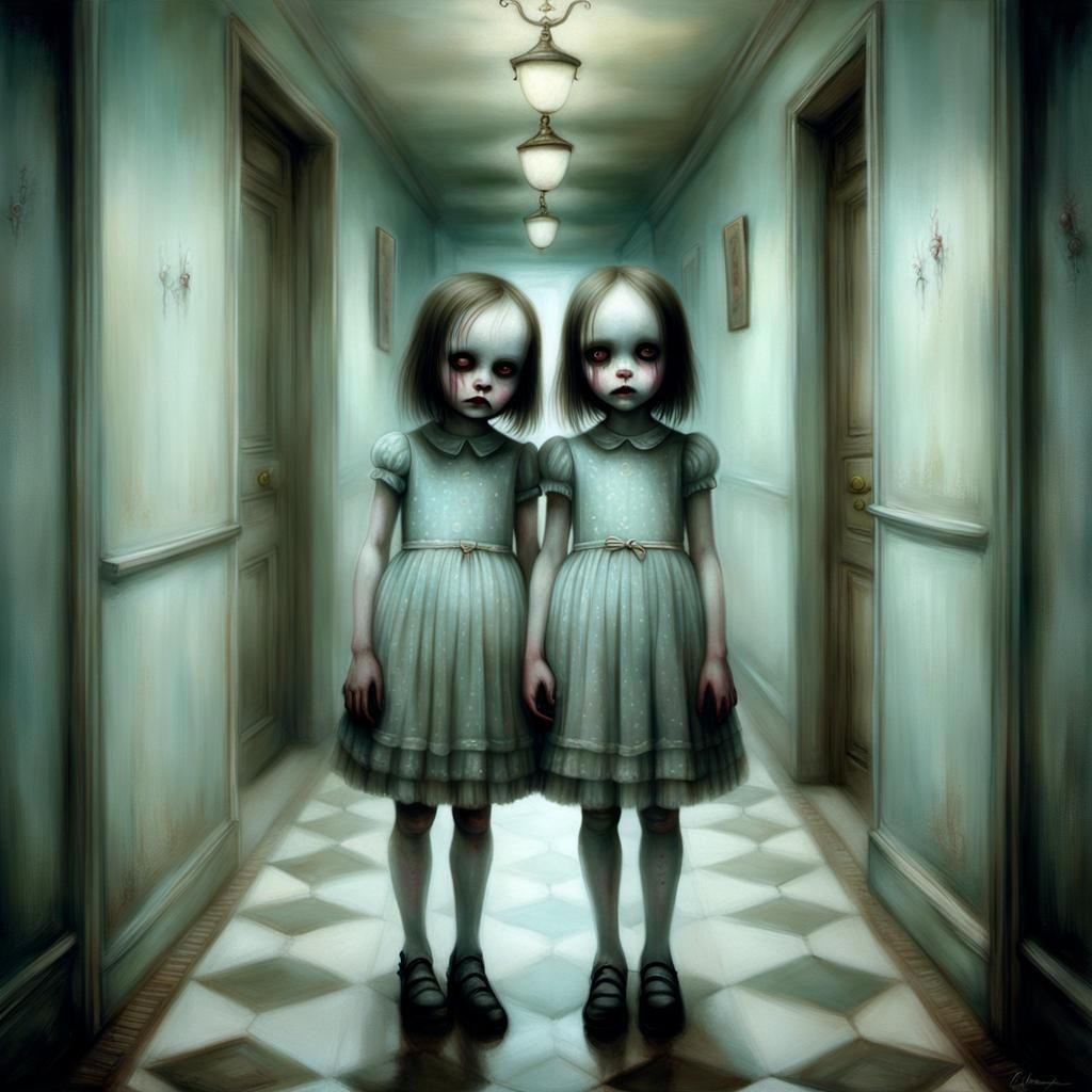 Creepy Twin Girls in Hallway: A Horror Illustration