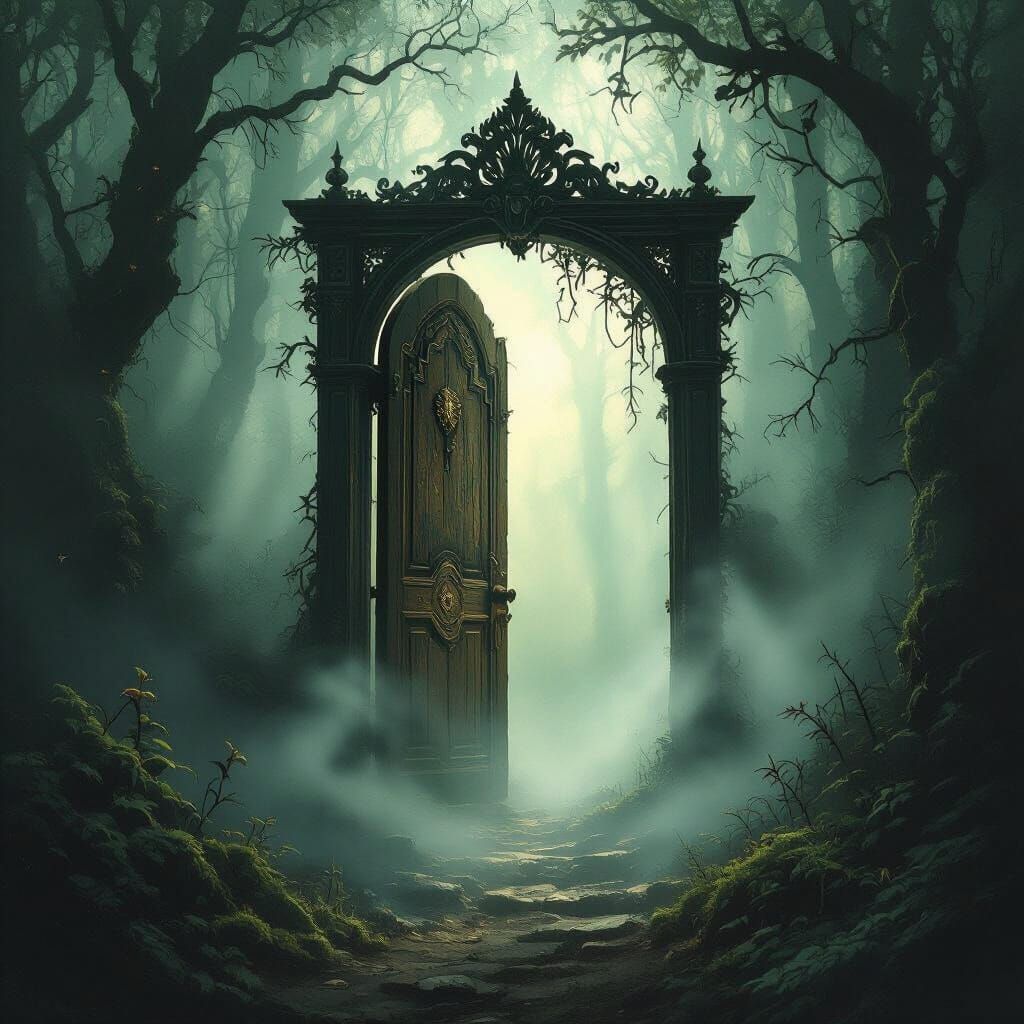 Mysterious Doorway in Ethereal Forest Fog
