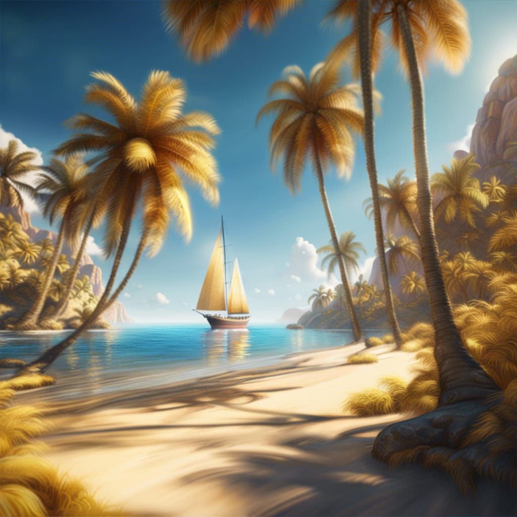 Golden Beach Paradise with Blue Ocean in Matte Painting
