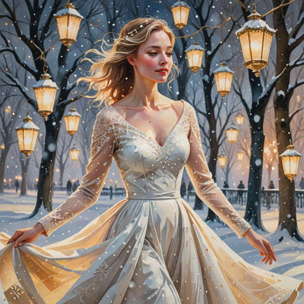 Woman Dancing in Snowfall: Impressionist Painting