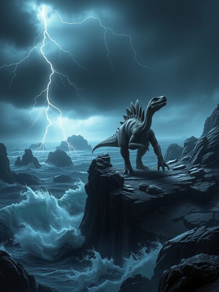 Stegosaurus in Stormy Jurassic Landscape, Dark Fantasy Art
