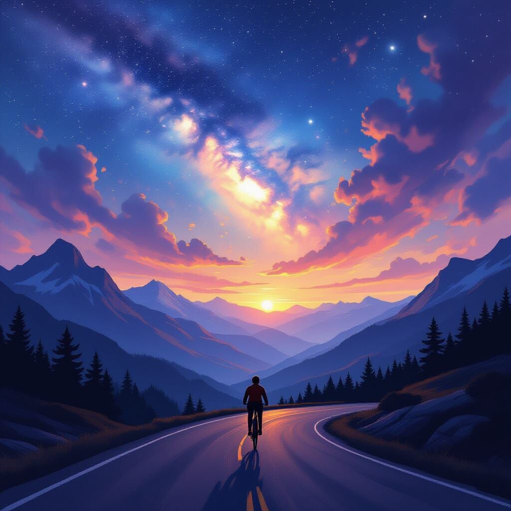 Cyclist Under Cosmic Sky: Painterly Mountain Twilight