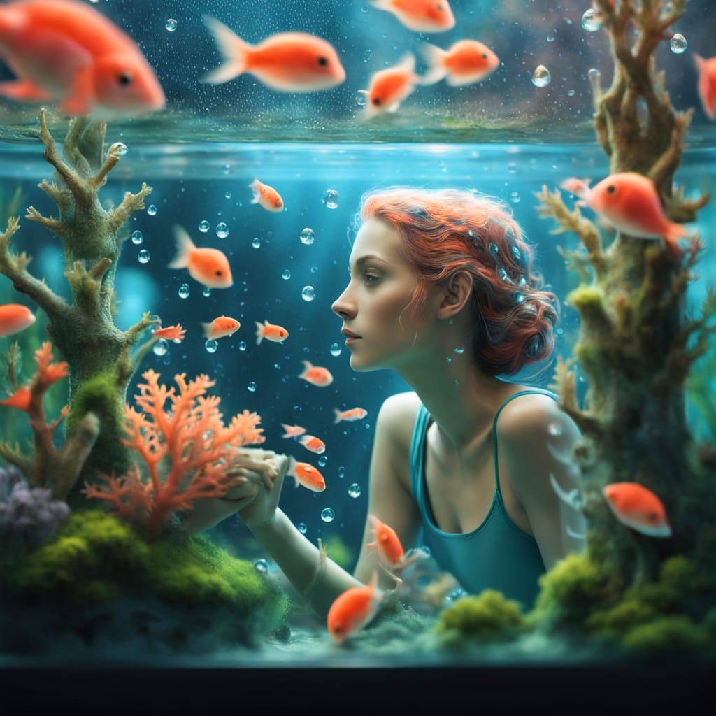 Woman in Dreamy Fish Tank Scene, Vibrant Digital Art