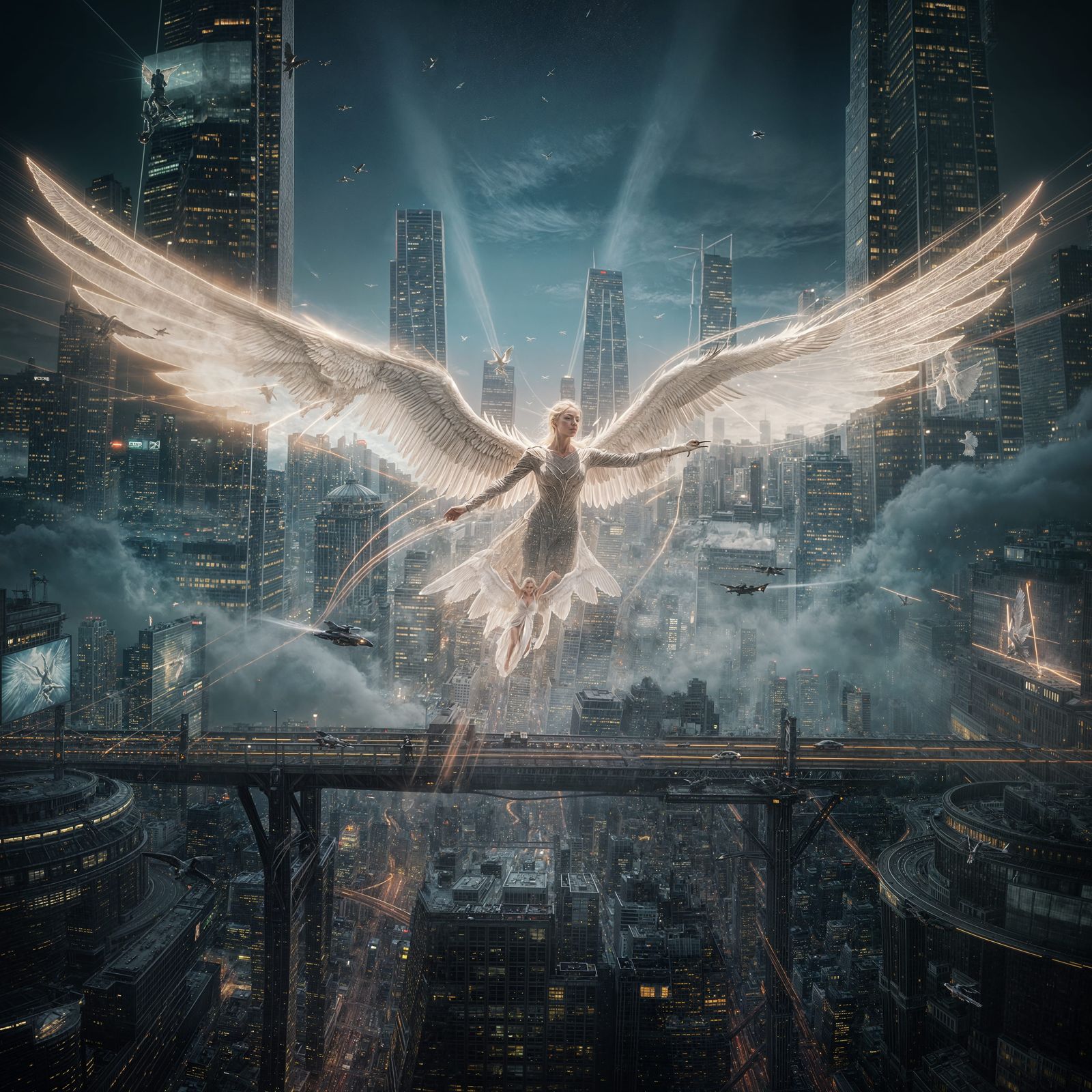 Angels Soaring Through City Skies at Light Speed