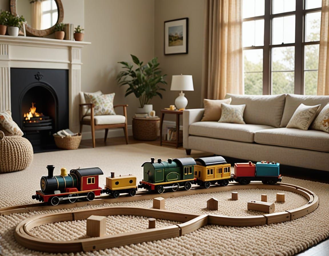 Cozy Living Room Scene with Classic Wooden Toy Trains
