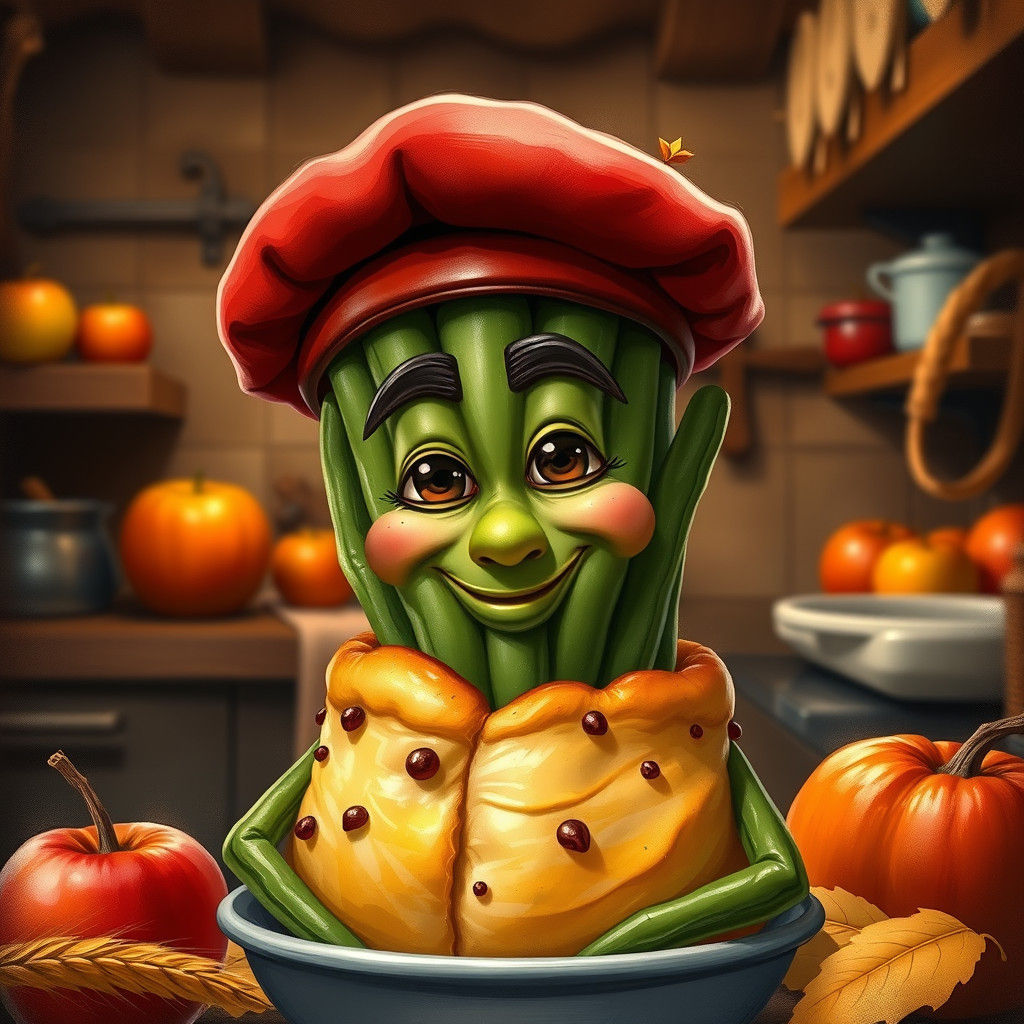 A personified green bean casserole with a charismatic smile,...