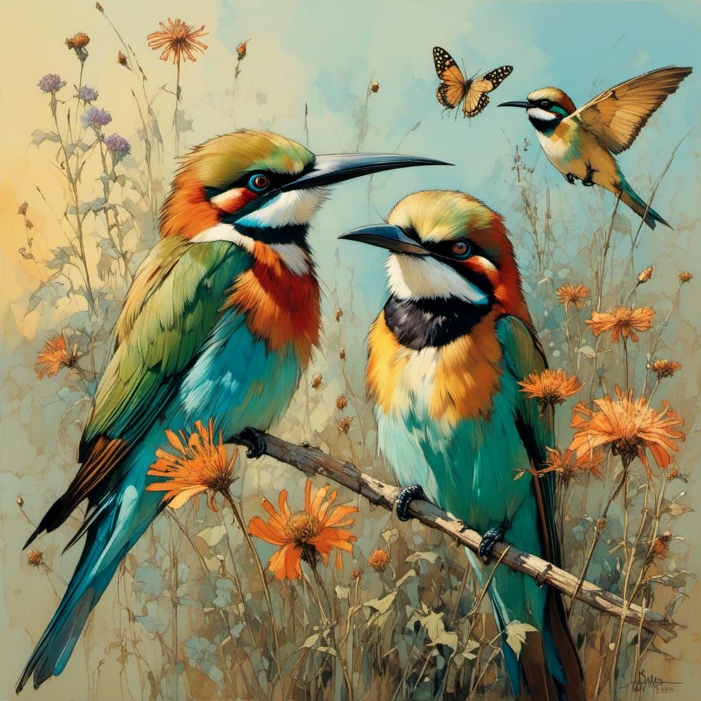 Bee Eaters with Wildflowers in Morning Light